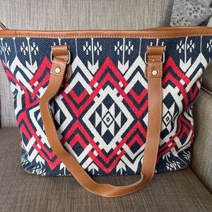 Myra Bag Red and Blue Geometric Tote with Brown Straps